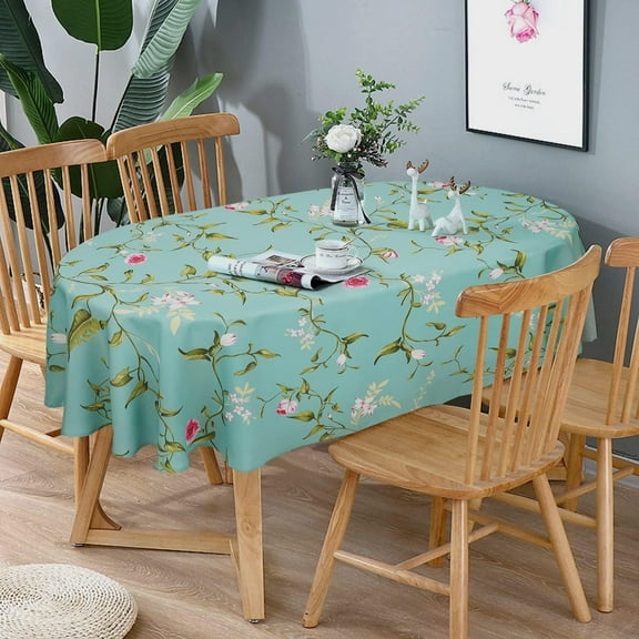 Plum Flower Oval Print Tablecloth, Spring Patterned Oval Tablecloth, Summer Food Network Oval Tablecloth Waterproof Wrinkle Free Durable Tablecloth for Oval Tables 60 X 84 Inch