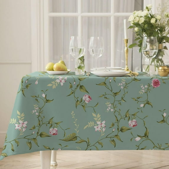 Plum Flower Print Rectangle Tablecloth, Spring Patterned Tablecloth, Summer Tablecloth Waterproof Wrinkle Free Durable Rectangle Tablecloth For Rectangle Tables 60 X 84, 60 X 102, 60 X 120 Inch
