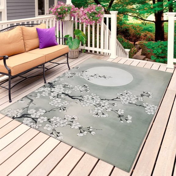 Plum Flowers Branch Outdoor Rug for Patio/Deck/Porch, Non-Slip Large Area Rug 5 x 8 Ft, Cherry Blossom Ombre Green Moon Night Indoor Outdoor Rugs Washable Area Rugs, Camping Rug Carpet Runner
