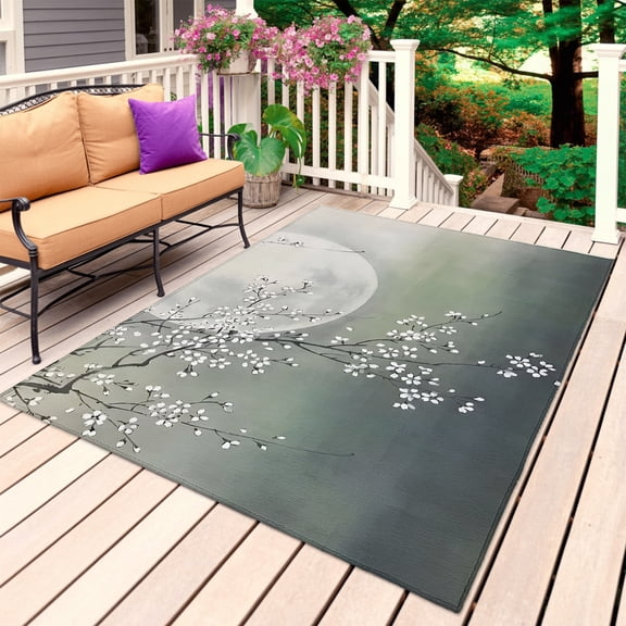 Plum Flowers Outdoor Rug for Patio/Deck/Porch, Non-Slip Large Area Rug 4 x 6 Ft, Vintage Cherry Blossom Branch Foggy Moon Night Indoor Outdoor Rugs Washable Area Rugs, Camping Rug Carpet Runner