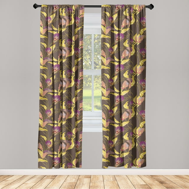 Plum Flowers Window Curtains, Vintage Design Dreamy Floral Boho Pattern with Modern Color Palette, Lightweight Decor 2-Panel Set with Rod Pocket, Pair of - 28"x95", Mustard Purple Umber, by Ambesonne
