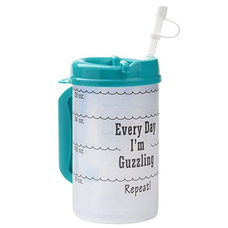 Plum Hill Water Tracking Large Hospital Mug for Daily Intake Measuring Every Day I'm Guzzling - Flexible Straw with Cap, 32 oz Teal with Lid and