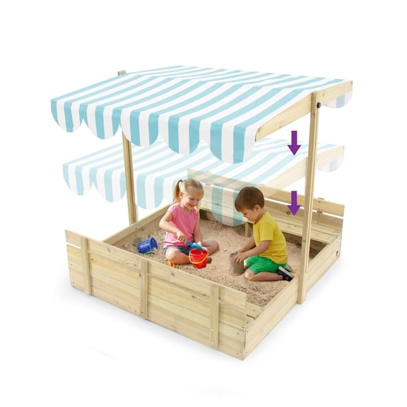 Plum Kids Outdoor Wooden Sandbox with Lid - Toddler Sensory Toys, Outdoor Sand Box for Kids with Bench Seat, Adjustable Canopy & Bottom Liner, UV-Protection, Weatherproof, Easy Assembly, Ages 3+ Yrs
