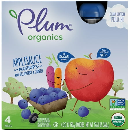 (3 Four Packs) Plum Organics Applesauce Mashups Blueberry Carrot, 3.17oz (12 total Pouches)