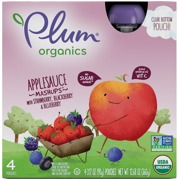 Plum Organics Applesauce Pouches, Strawberry, Blackberry - 3.17 oz, 4 Pack