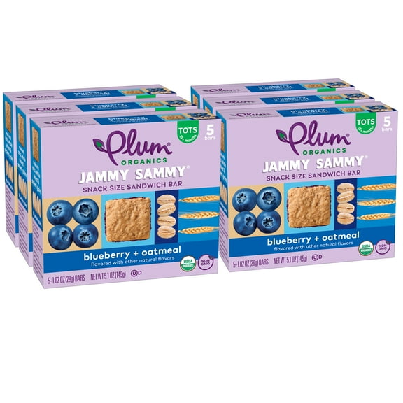 Plum Organics Jammy Sammy Snack Bars, Blueberry and Oatmeal, 1.02 oz Bars, 5 Count, 6 Pack
