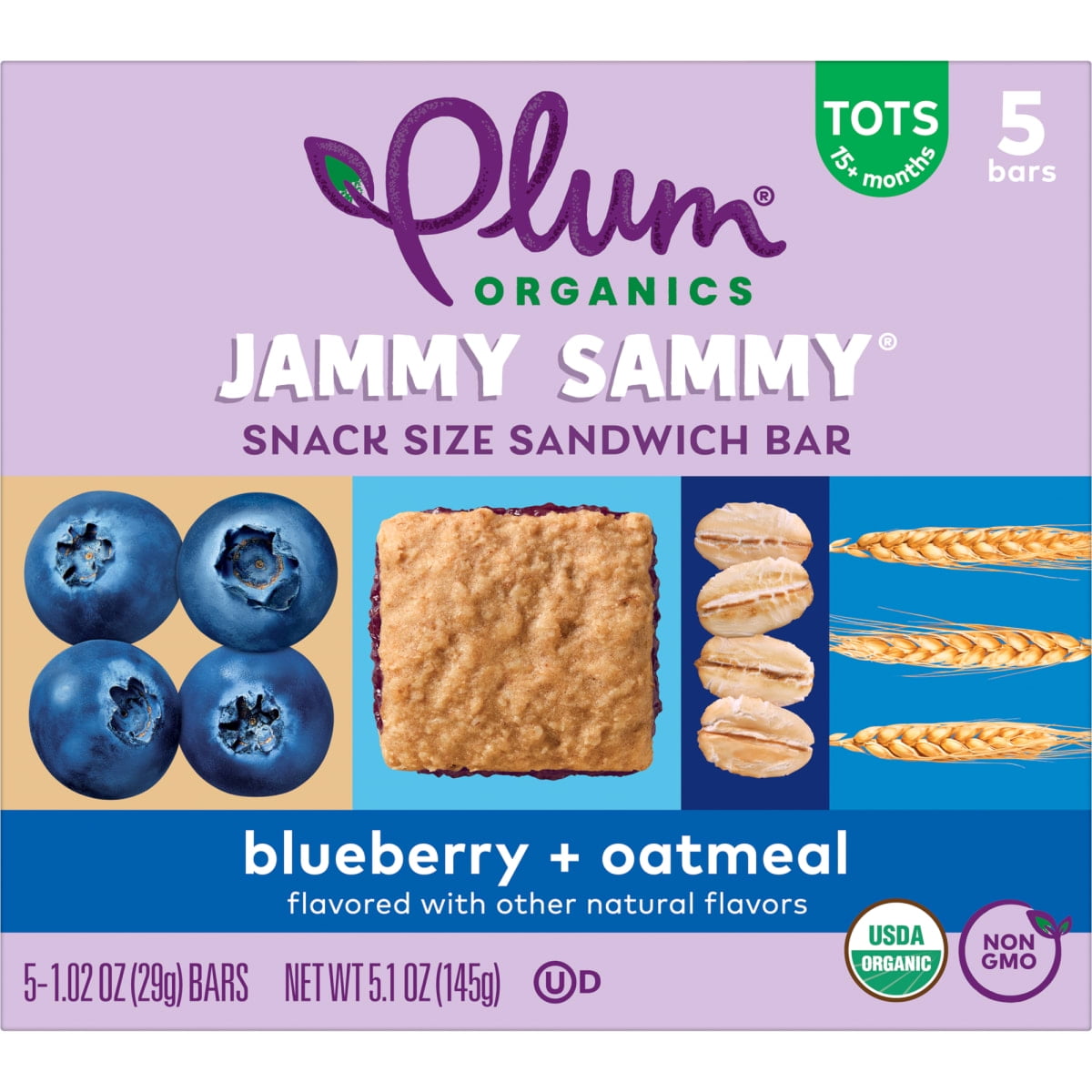 Plum Organics Jammy Sammy Snack Bars, Blueberry and Oatmeal, 1.02 oz Bars, 5 Count