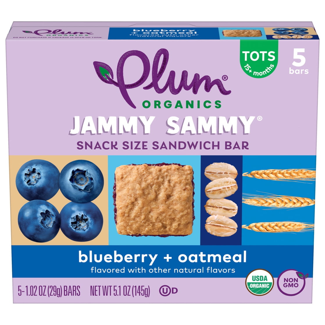 Plum Organics Jammy Sammy Snack Size Sandwich Bar Blueberry + Oatmeal 5-Count Box/1.02oz Bars
