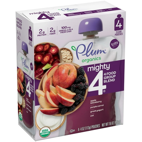 Plum Organics Mighty 4 Blends Apple, Blackberry, Purple Carrot, Greek Yogurt & Oat, 4oz (Pack of 4), Baby Food