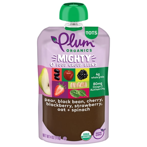 Plum Organics® Mighty 4 Food Group Blend Pear, Black Bean, Cherry, Blackberry, Strawberry, Oat + Spinach 4oz Pouch