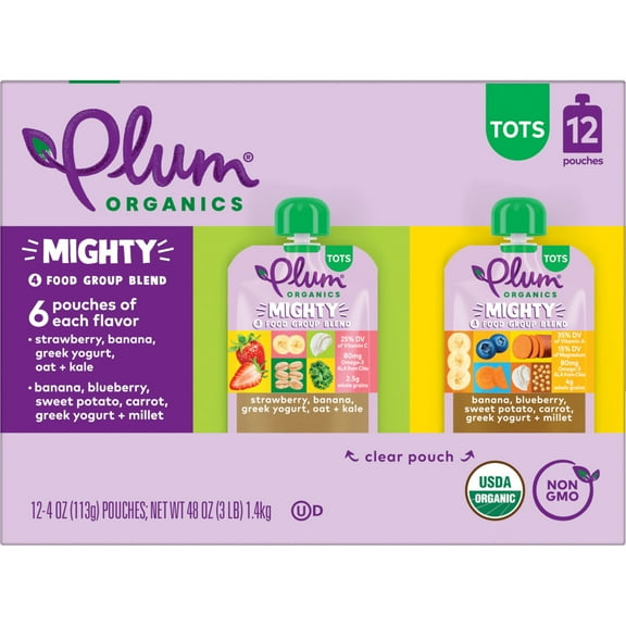 Plum Organics® Tots Mighty 4 Food Group Blend Strawberry/Banana & Banana/Blueberry 4oz Pouch-12-Pack