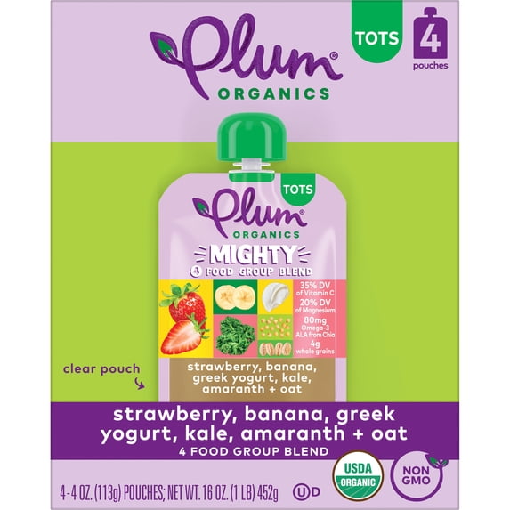 Plum Organics® Tots Mighty 4 Food Group Blend Strawberry, Banana, Greek Yogurt, Oat + Kale 4oz Pouch-4-Pack