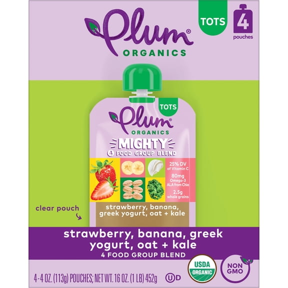Plum Organics® Tots Mighty 4 Food Group Blend Strawberry, Banana, Greek Yogurt, Oat + Kale 4oz Pouch-4-Pack