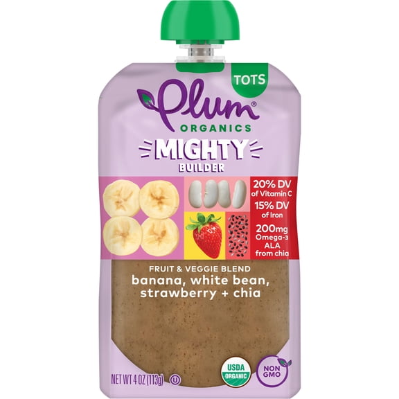 Plum Organics® Tots Mighty Builder Fruit & Veggie Blend Banana, White Bean, Strawberry + Chia 4oz Pouch