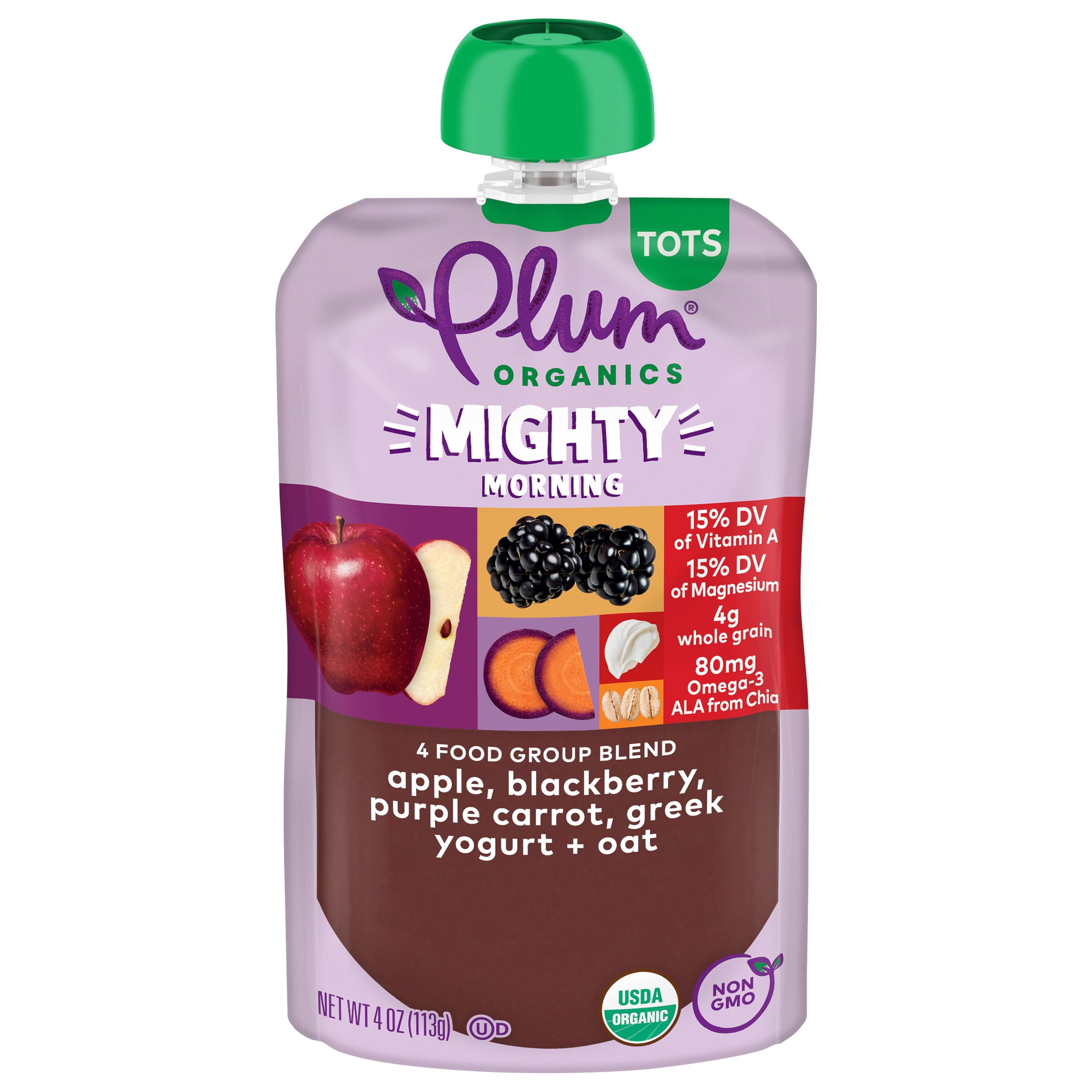Plum Organics® Tots Mighty Morning 4 Food Group Blend Apple, Blackberry, Purple Carrot, Greek Yogurt + Oat 4oz Pouch
