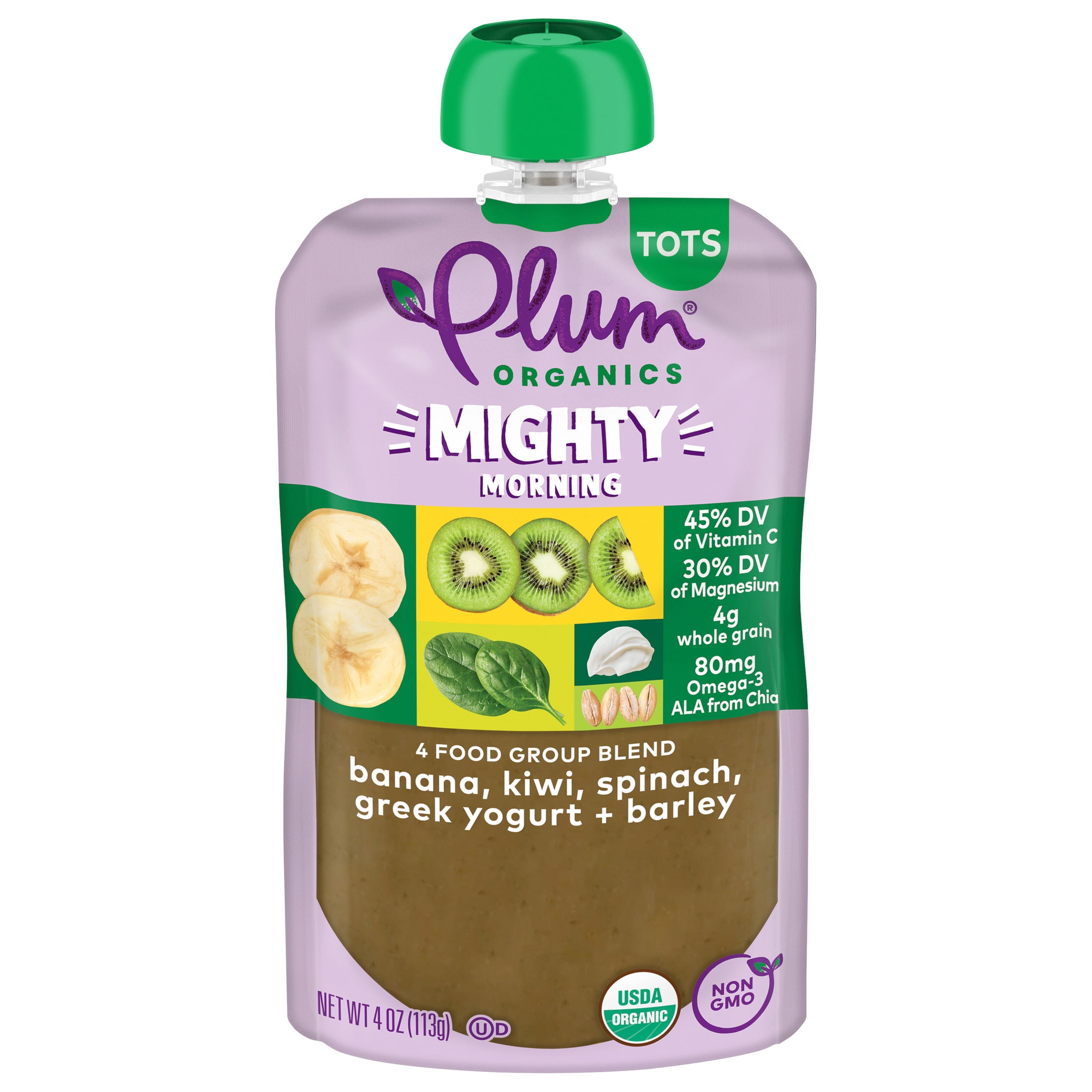 Plum Organics® Mighty Morning 4 Food Group Blend Banana, Kiwi, Spinach, Greek Yogurt + Barley 4oz Pouch