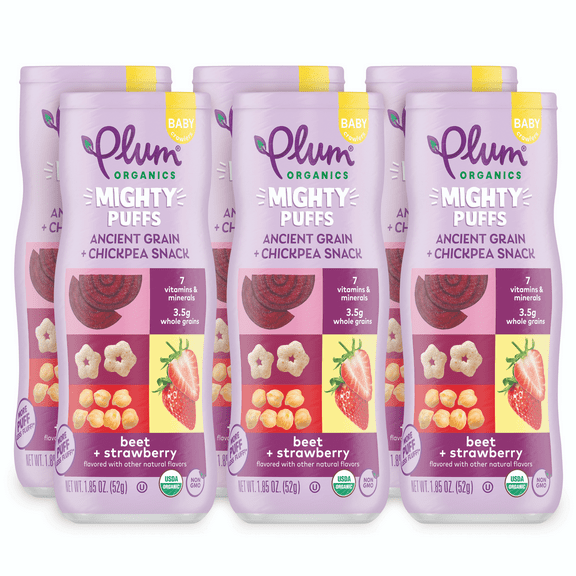 Plum Organics Mighty Puffs, Ancient Grain + Chickpea Snack, Baby, Beet + Strawberry, 1.85 oz Canister, 6 Pack