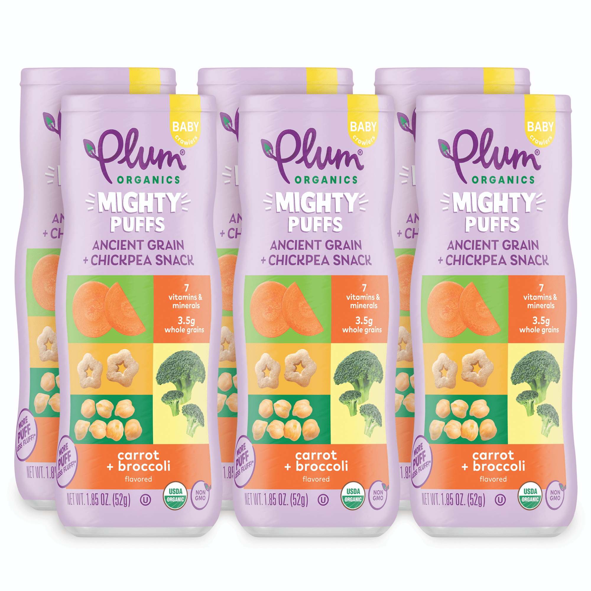 Plum Organics Mighty Puffs, Ancient Grain + Chickpea Snack, Carrot + Broccoli, 1.85 oz Canister, 6 Pack