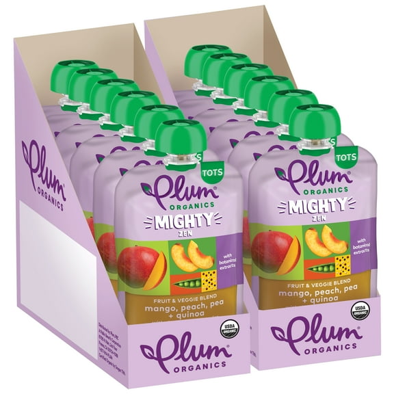Plum Organics Mighty Zen Organic Baby Food Mango, Peach, Pea and Quinoa with Chamomile and Lavender, 4 oz Pouch - Case of 12