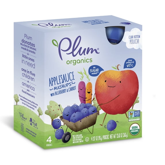 Plum Organics | Smoothie Mashups | Organic On-The-Go Squeeze Kids Snacks | Applesauce, Blueberry & Carrot | 3.17 Ounce Pouch (24 Total)