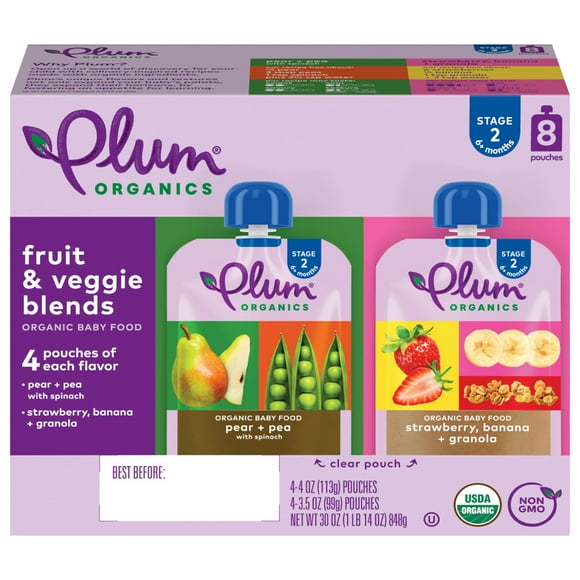 Plum Organics® Stage 2 Fruit & Veggie Blends Organic Baby Food Pear + Pea with Spinach and Strawberry, Banana + Granola 8-Pack