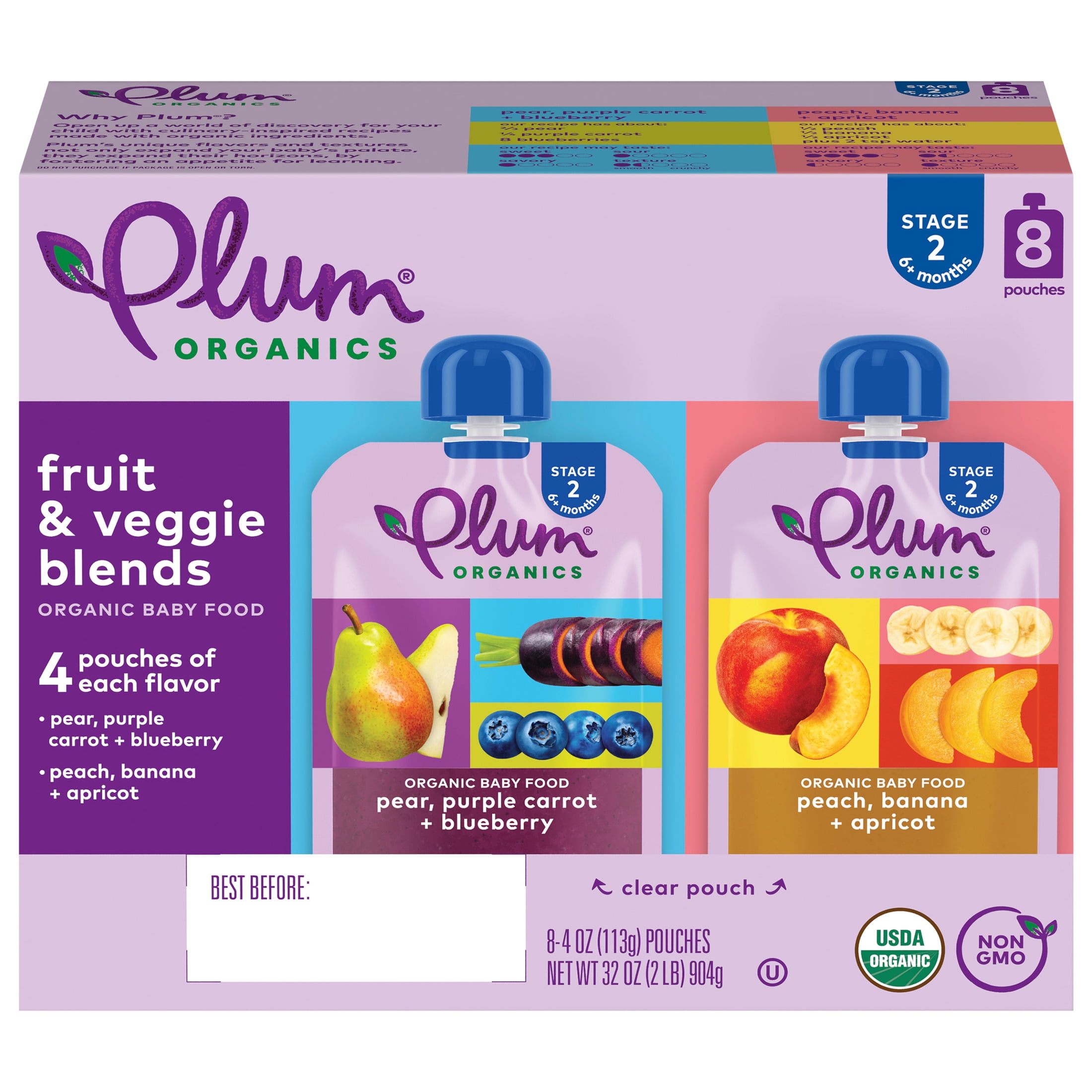 Plum Organics Stage 2 Fruit & Veggie Blends Organic Baby Food Variety 4oz Pouch-8-Pack