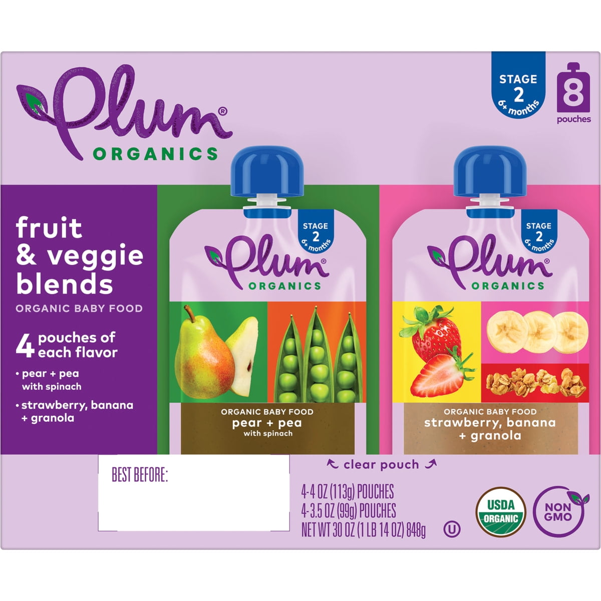 Plum Organics Stage 2 Organic Baby Food, Variety Flavors, 4 oz Pouch (8