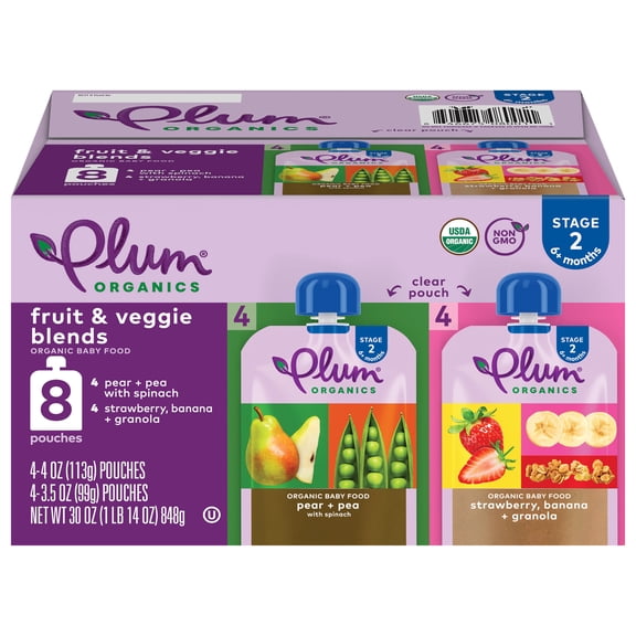 Plum Organics Stage 2 Fruit & Veggie Blends Organic Baby Food Pear + Pea with Spinach and Strawberry, Banana + Granola, 4 oz Pouch, 8 pack