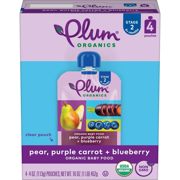 Plum Organics Stage 2 Organic Baby Food, Pear, Purple Carrot & Blueberry, 4 Ounce Pouch (Pack of 4)