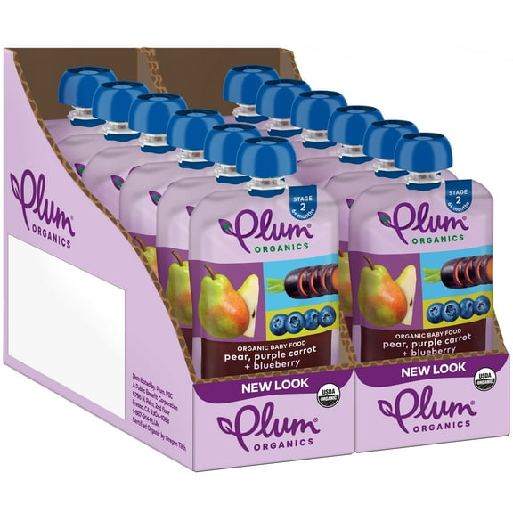 Plum Organics Stage 2 Organic Baby Food, Pear, Purple Carrot and Blueberry, 4 oz Pouch - Case of 12