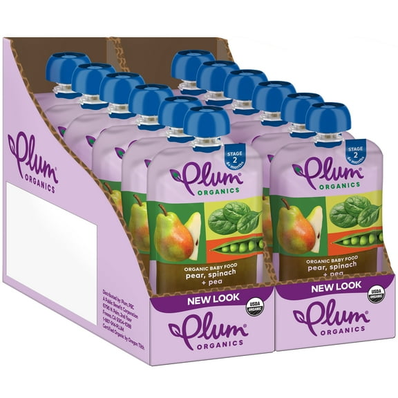 Plum Organics Stage 2 Organic Baby Food, Pear, Spinach and Pea, 4 oz Pouch - Case of 12