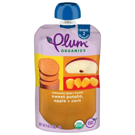 (4 pack) (4 Pack) Plum Organics Stage 2 Sweet Potato, Apple & Corn, 4oz