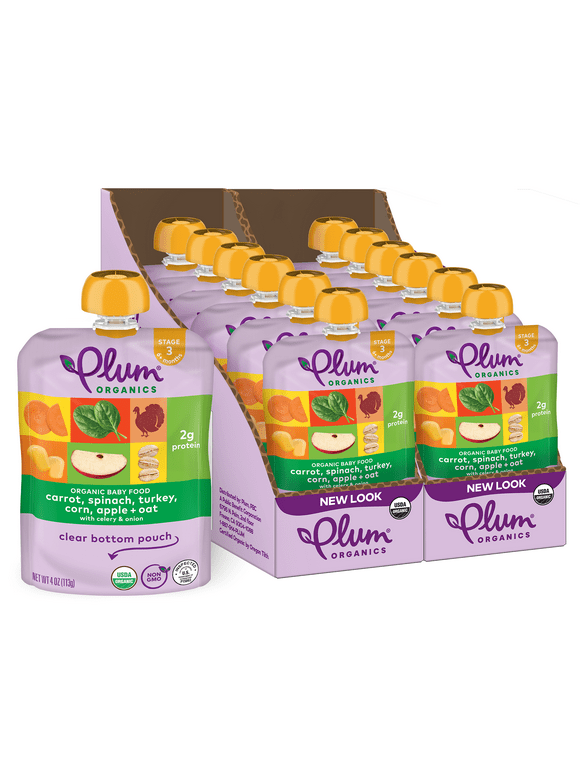 Plum Organics Stage 3 Organic Baby Food, Carrot, Spinach, Turkey, Corn, Apple and Potato, 4 oz Pouch - Case of 12