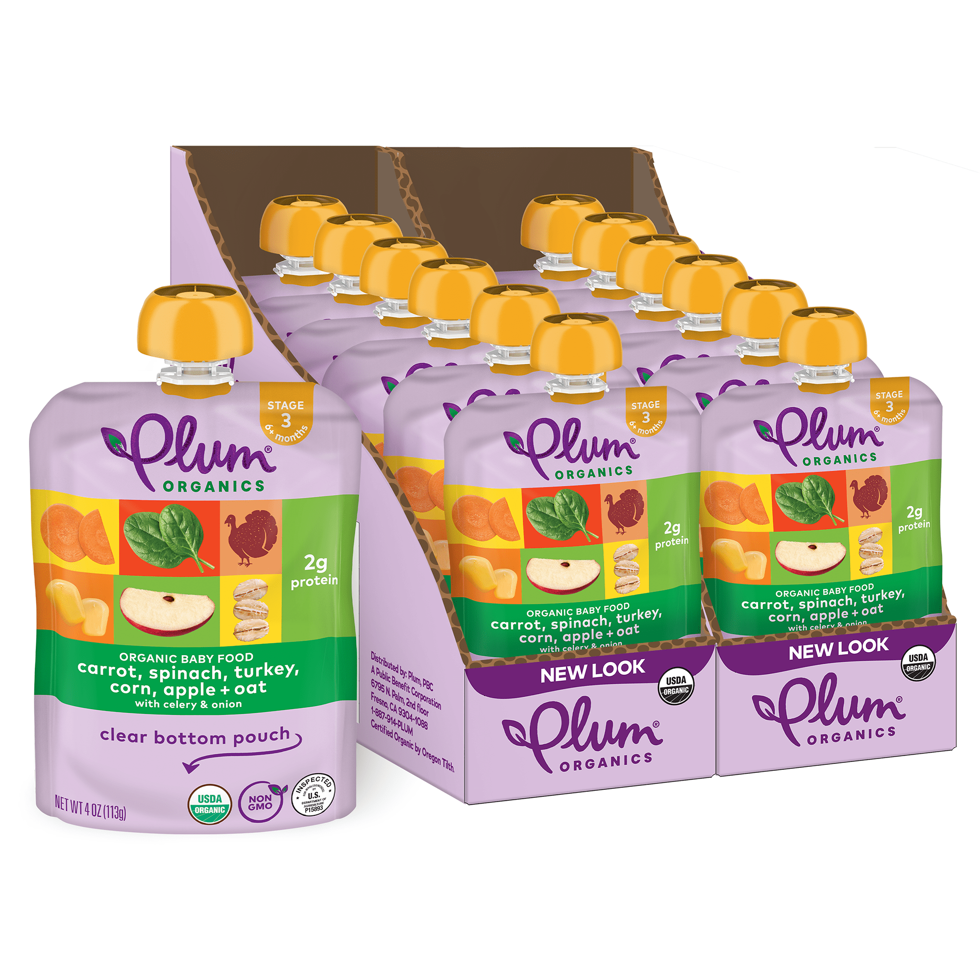 Plum Organics Stage 3 Organic Baby Food, Carrot, Spinach, Turkey, Corn, Apple and Potato, 4 oz Pouch - Case of 12