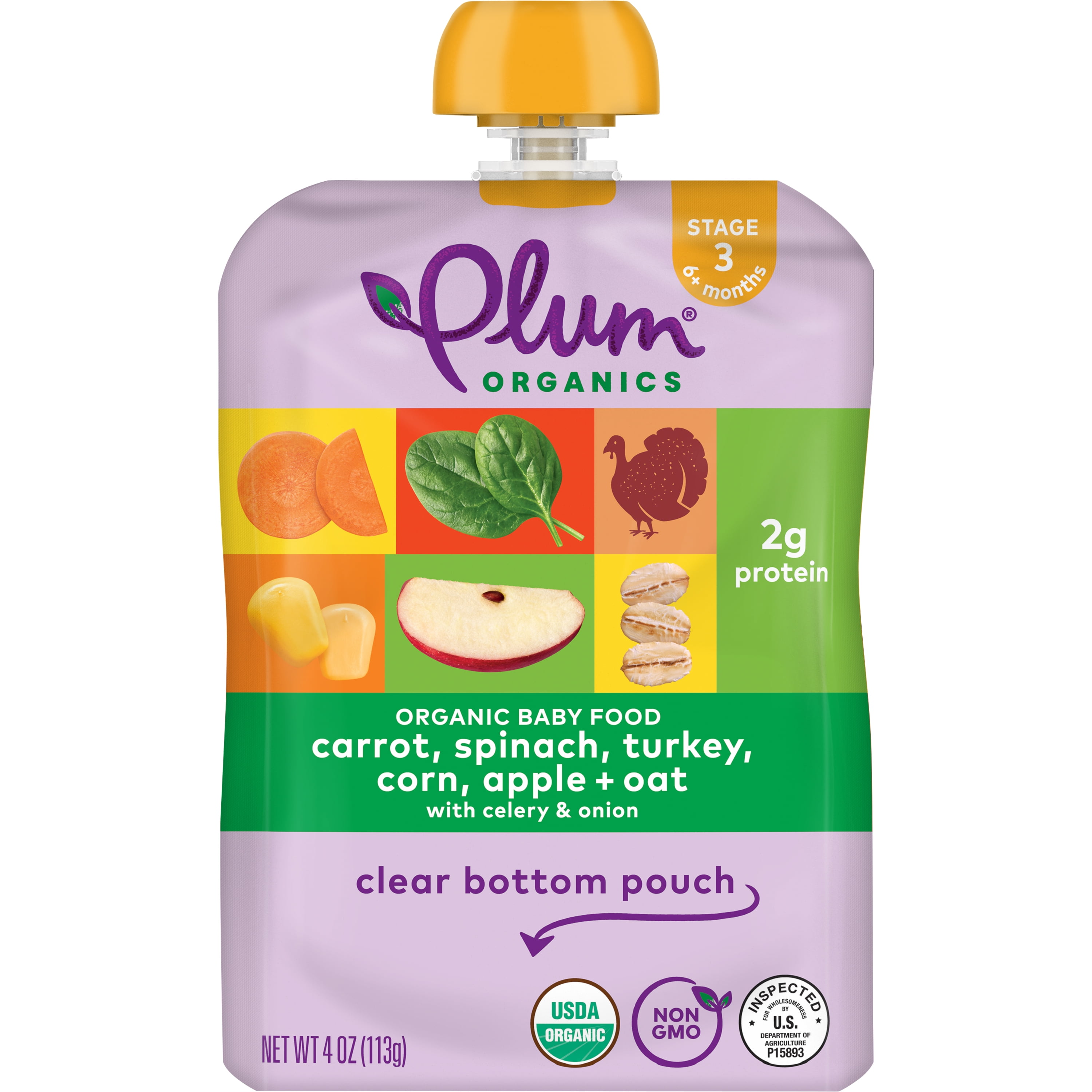 Plum Organics Stage 3 Organic Baby Food, Carrot, Spinach, Turkey, Corn, Apple, and Oat, 4 oz Pouch