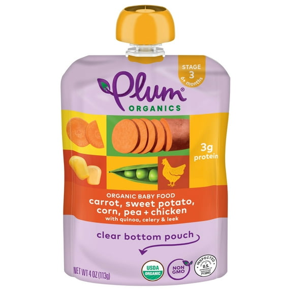Plum Organics® Stage 3 Organic Carrot, Sweet Potato, Corn, Pea + Chicken with Quinoa, Celery & Leek 4oz Pouch