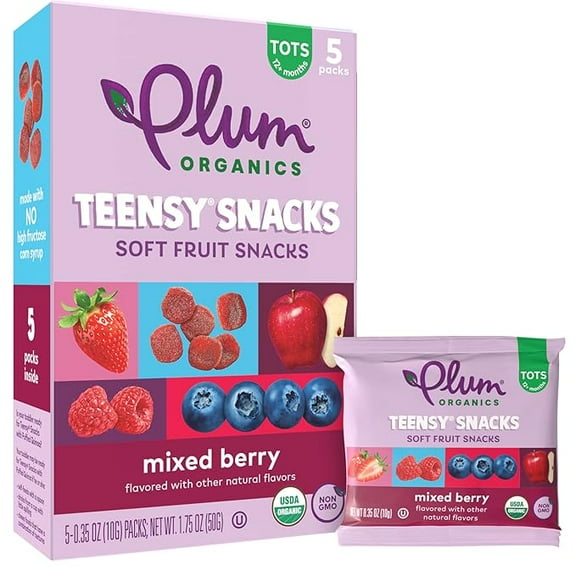 Plum Organics Teensy Snacks Soft Fruit Snacks - Mixed Berry - 0.35 oz Bags (Pack of 5) - Organic Toddler Food Fruit Snacks( Pack of 2 )