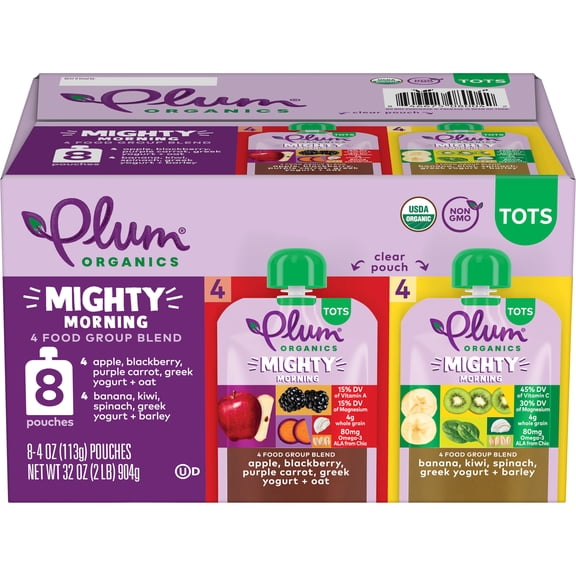 Plum Organics Tots Mighty Morning 4 Food Group Blend Apple, Blackberry, Purple Carrot, Greek Yogurt + Oat and Banana, Kiwi, Spinach, Greek Yogurt + Barley 4oz Pouch-8-Pack