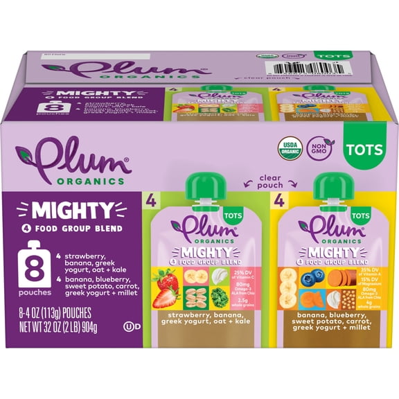 Plum Organics Tots Mighty 4 Food Group Blend Strawberry, Banana, Greek Yogurt, Oat + Kale & Banana, Blueberry, Sweet Potato, Carrot, Greek Yogurt + Millet 4oz Pouch-8-Pack