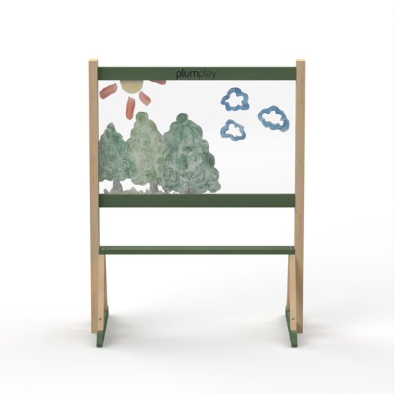 Plum® Outdoor Wooden Art Easel for Kids with Double-Sided Perspex Screen, Built-In Storage Shelf, In Stained Natural Finish