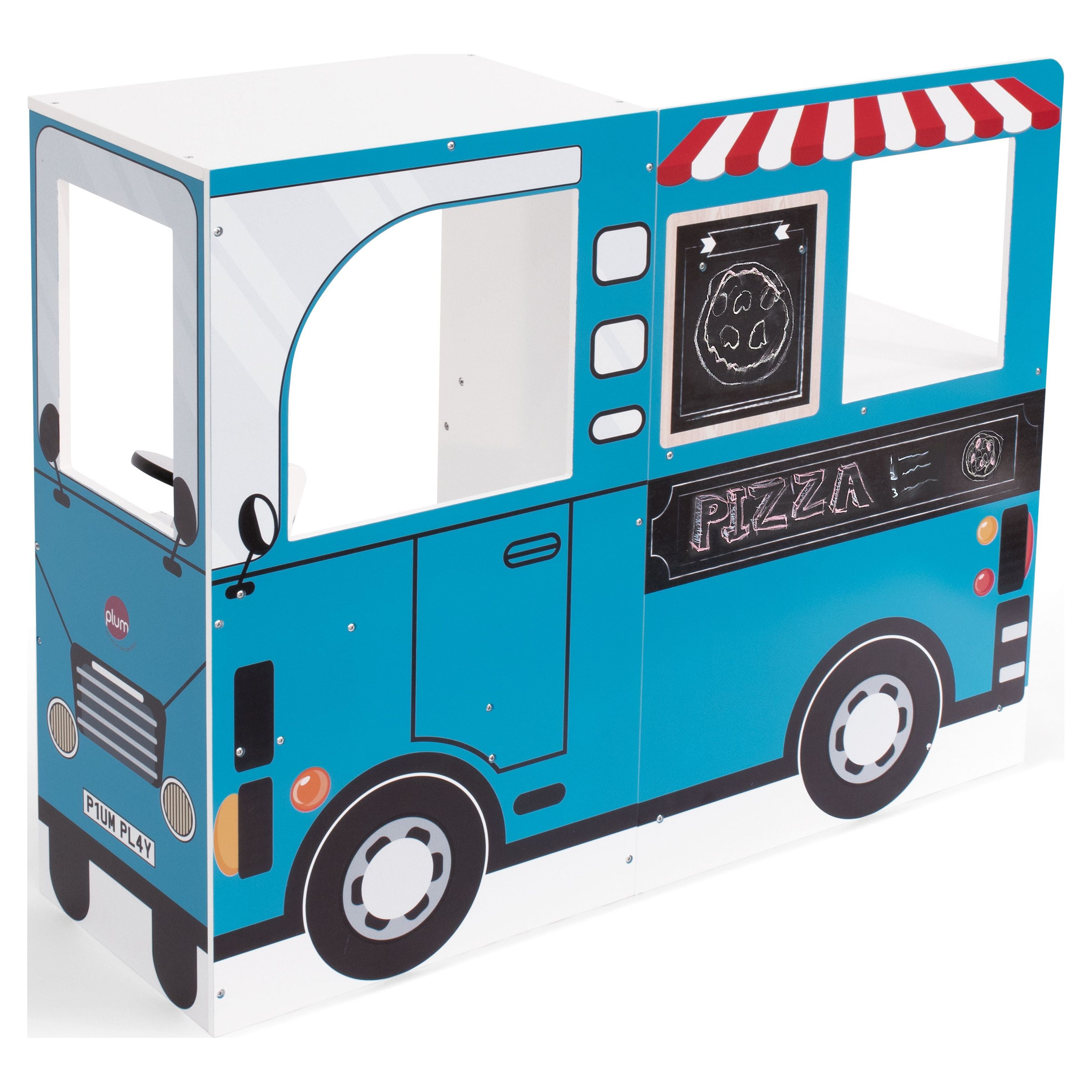Plum Play 3-in-1 Wooden Street Food Truck and Kitchen with Driving Cab, #41108AD83, Light-Up Burners with Sound, Kitchen Utensils.  41.33" x 12" x 31.5" - image 1 of 19