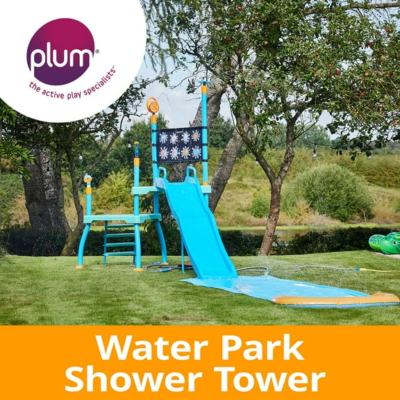 Plum Play Kids Outdoor Water Slide Play Equipment - with Built-in Toy Sprinklers, Backyard Waterpark with Bubble Blower, Coloring Wall 3 Years+, Up to 220 lbs (Shower Tower)