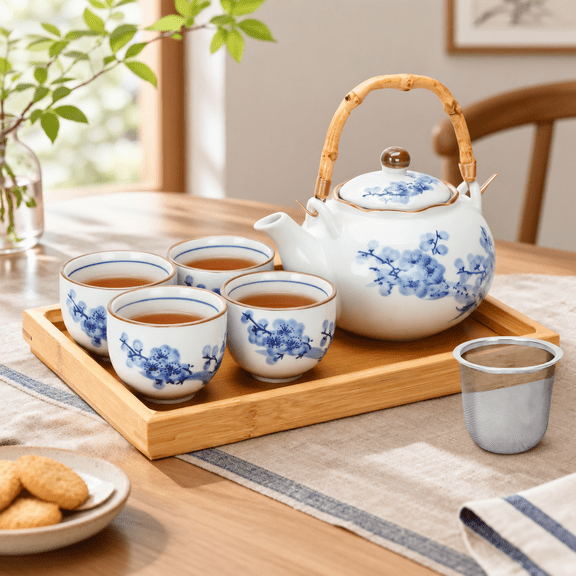 Plum & Porcelain 4-Person Tea Set With Teapot, Cups, And Serving Tray