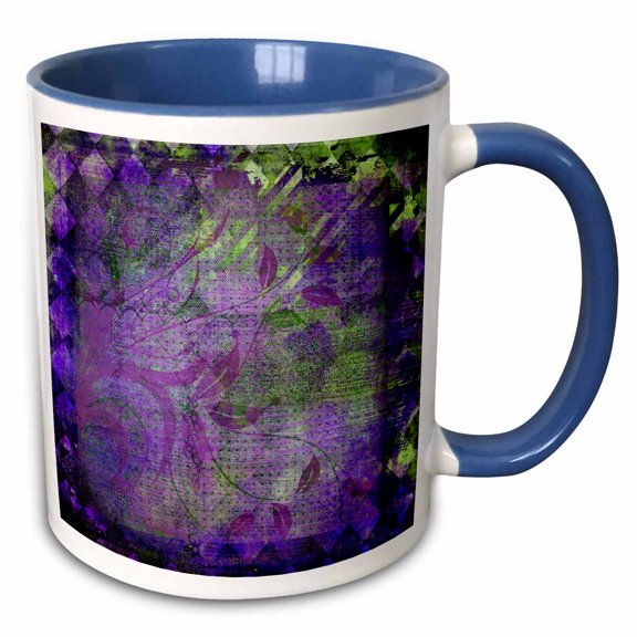 Plum Purple And Lime Green Diamond Abstract Design With Leaves, 11oz Two-Tone Blue Mug