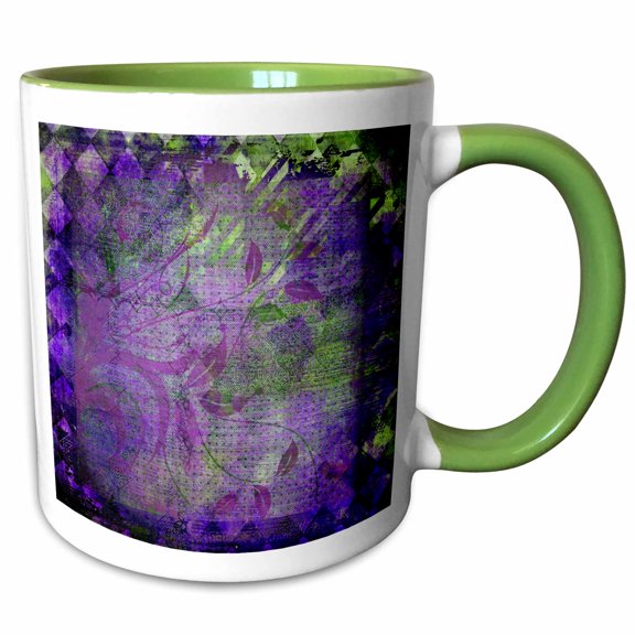 3drose, Plum Purple and Lime Green Diamond Abstract Design with Leaves, 11oz Two-tone Green Mug