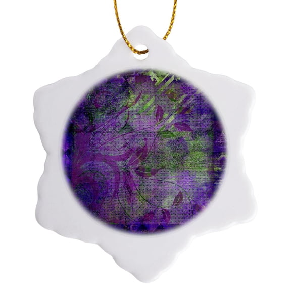 3drose, Plum Purple and Lime Green Diamond Abstract Design with Leaves, 3 inch Snowflake Porcelain Ornament