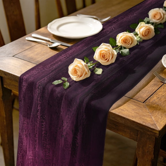 Plum Purple Ombre 10 ft Cheesecloth Table Runner for Wedding 27"x120", Vintage Deep Magenta Charcoal Black Shabby Chic Kitchen Dinner Sheer Tulle Chiffon Dresser Scarf, Holiday Party Decorations