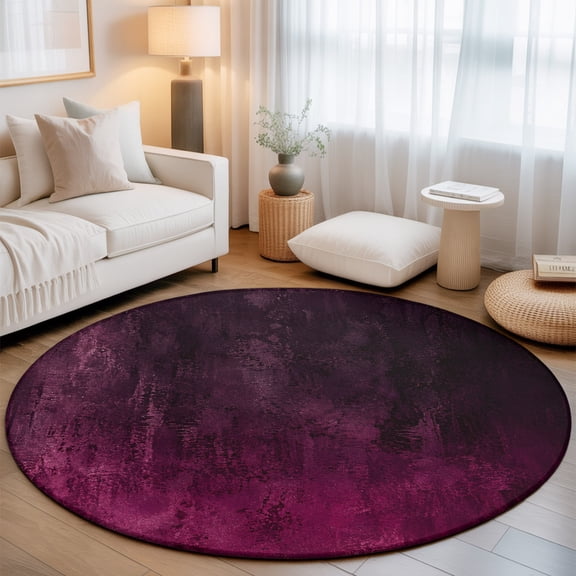Plum Purple Ombre Round Rug 4Ft Vintage Deep Magenta Charcoal Black Shabby Chic Circle Area Rugs Washable Non Slip Indoor Floor Mats Carpet for Living Room Bedroom Dining Room Home Decor