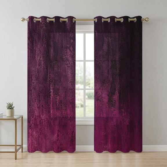 Plum Purple Ombre Sheer Curtains 90 Inch Long 2 Panels, Vintage Deep Magenta Charcoal Black Shabby Chic Light Filtering Semi Sheer Drapes Grommet Voile Window Curtain for Living Bedroom W52 x L90