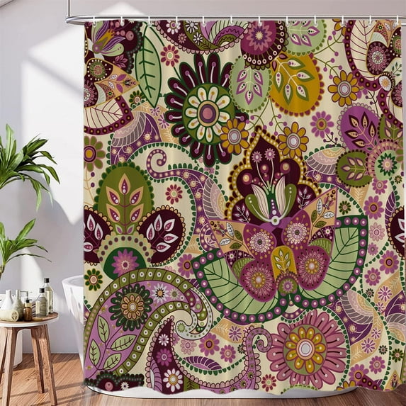 Plum Purple Paisley Paisley Floral Decor Shower Curtain Set, Polyester Shower Curtain for Shower Stall Bathroom Waterproof with 12 Hooks 72x72 Inch